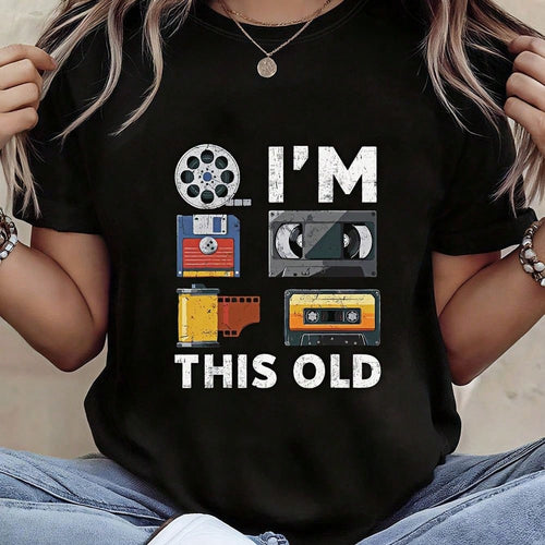 Retro Technology Nostalgia, I'm Just Getting Old. Floppy Disk Tape Pattern Printed Women's Round Neck Spring/Summer T-Shirt Short Sleeved
