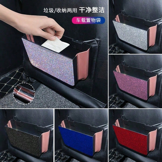 Rhinestone Car Trash Bag, Foldable Hanging Organizer & Multi-Use Car Interior Accessories