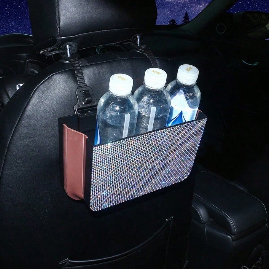 Rhinestone Car Trash Bag, Foldable Hanging Organizer & Multi-Use Car Interior Accessories