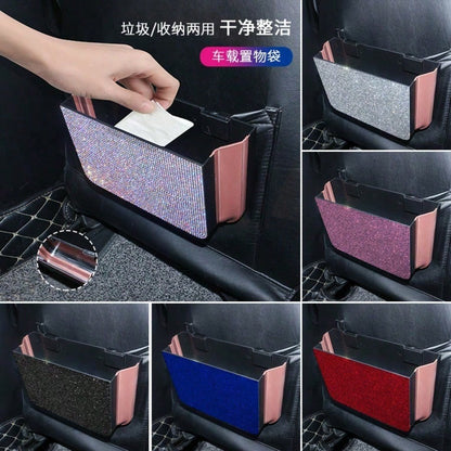 Rhinestone Car Trash Bag, Foldable Hanging Organizer & Multi-Use Car Interior Accessories