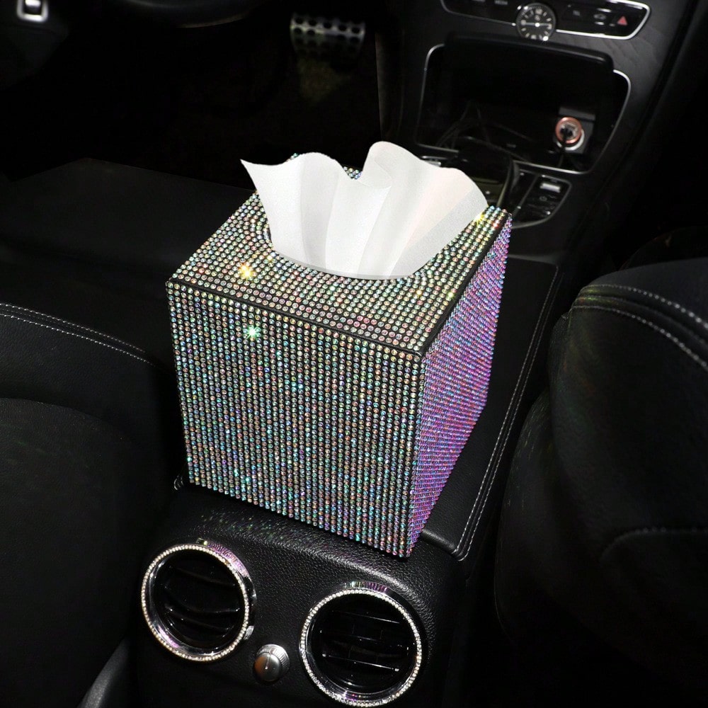 Rhinestone Leather Car Tissue Box Creative Mini Square Bling Auto Tissue Holder