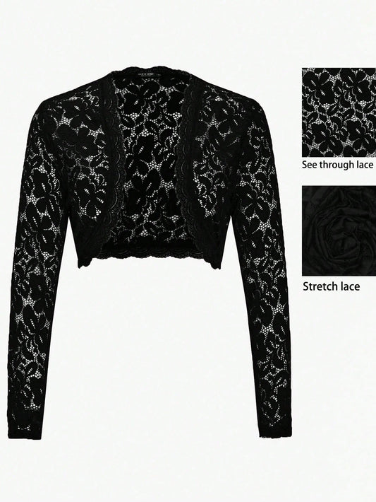 Rometta Plus Open Front Crop Lace Jacket Fall Winter Cloth For Women Autumn