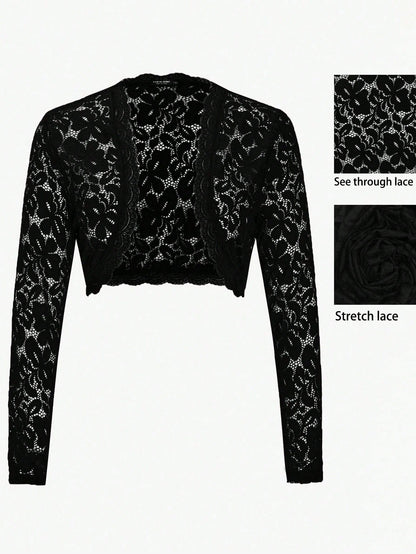 Rometta Plus Open Front Crop Lace Jacket Fall Winter Cloth For Women Autumn