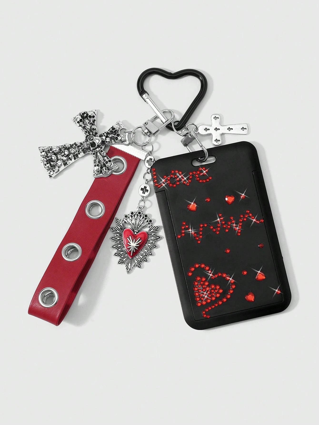 ROMWE 1 Y2k Retro Sweet And Cool Hot Girl Personalized Heavy Industry Punk Dark Wind Goth Model Red Glossy Leather Metal Air Eye Hole Eye Wrist Strap Ancient Silver Dripping Love Hollow Uneven Skull C