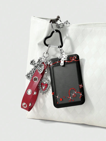 ROMWE 1 Y2k Retro Sweet And Cool Hot Girl Personalized Heavy Industry Punk Dark Wind Goth Model Red Glossy Leather Metal Air Eye Hole Eye Wrist Strap Ancient Silver Dripping Love Hollow Uneven Skull C