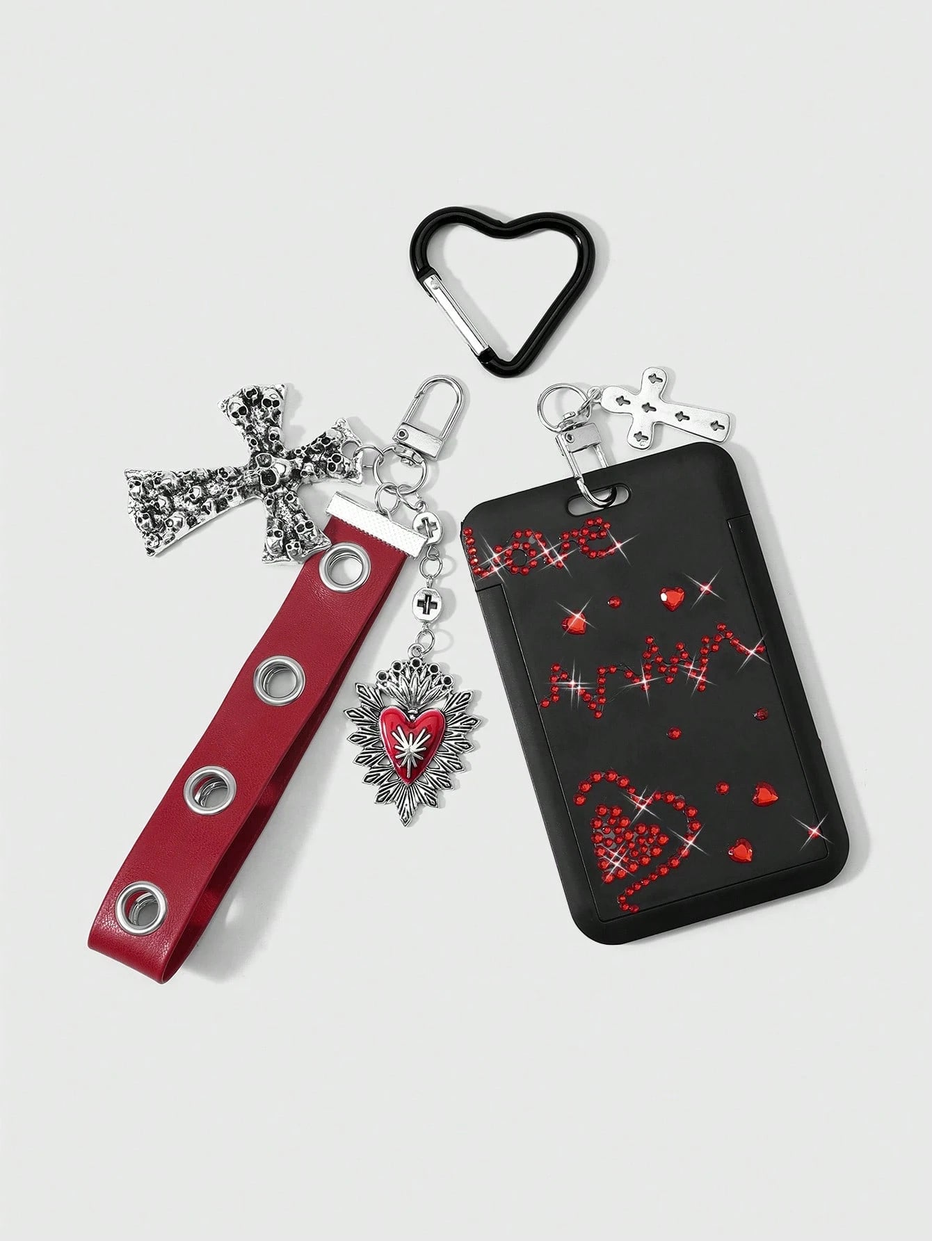 ROMWE 1 Y2k Retro Sweet And Cool Hot Girl Personalized Heavy Industry Punk Dark Wind Goth Model Red Glossy Leather Metal Air Eye Hole Eye Wrist Strap Ancient Silver Dripping Love Hollow Uneven Skull C