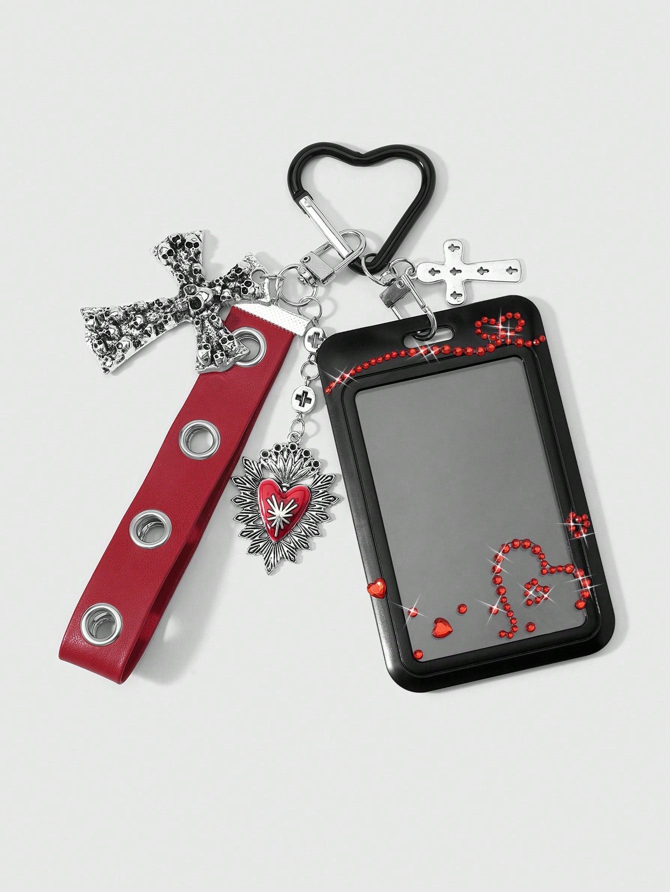 ROMWE 1 Y2k Retro Sweet And Cool Hot Girl Personalized Heavy Industry Punk Dark Wind Goth Model Red Glossy Leather Metal Air Eye Hole Eye Wrist Strap Ancient Silver Dripping Love Hollow Uneven Skull C