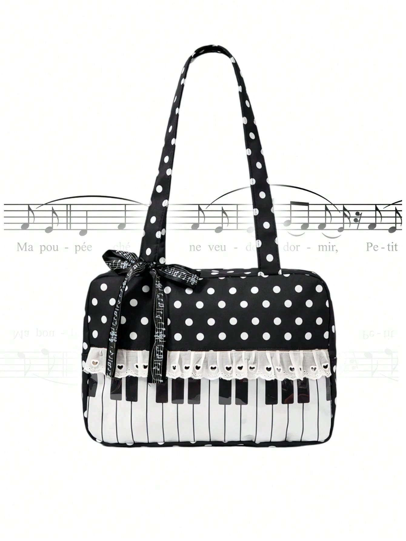 ROMWE Anime 1Pc Kawaii Sweet And Cute Bow Love Lace Edge Splicing Classic Polka Dot Women Tote Bag, Two-Dimensional Transparent Layer Badge Doll Display Bag
