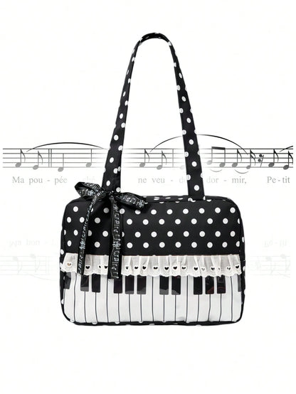 ROMWE Anime 1Pc Kawaii Sweet And Cute Bow Love Lace Edge Splicing Classic Polka Dot Women Tote Bag, Two-Dimensional Transparent Layer Badge Doll Display Bag