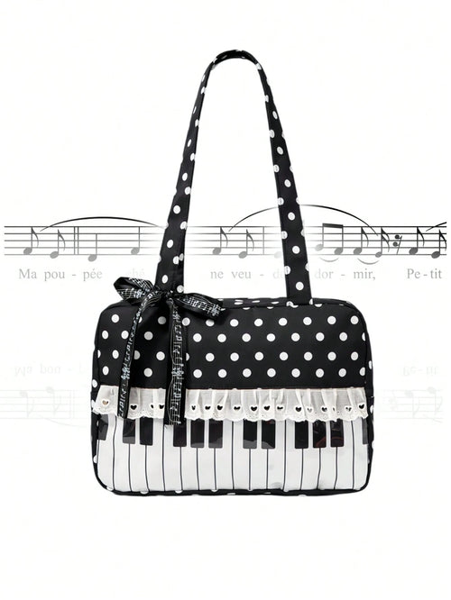 ROMWE Anime 1Pc Kawaii Sweet And Cute Bow Love Lace Edge Splicing Classic Polka Dot Women Tote Bag, Two-Dimensional Transparent Layer Badge Doll Display Bag