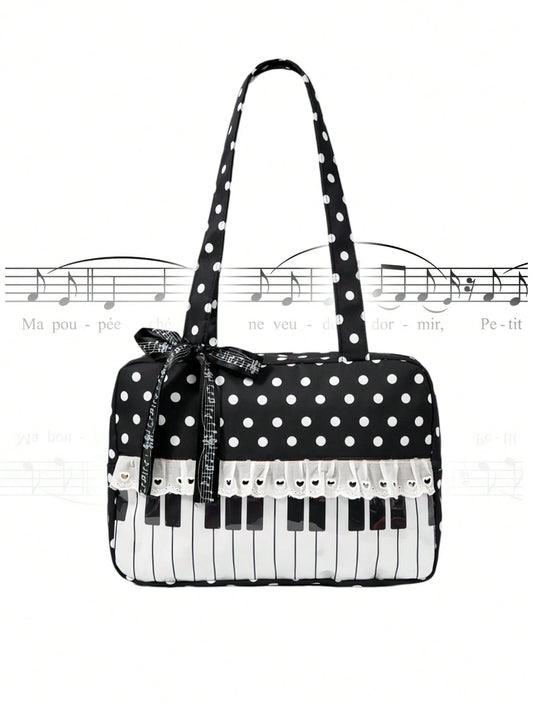 ROMWE Anime 1Pc Kawaii Sweet And Cute Bow Love Lace Edge Splicing Classic Polka Dot Women Tote Bag, Two-Dimensional Transparent Layer Badge Doll Display Bag