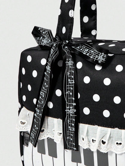 ROMWE Anime 1Pc Kawaii Sweet And Cute Bow Love Lace Edge Splicing Classic Polka Dot Women Tote Bag, Two-Dimensional Transparent Layer Badge Doll Display Bag