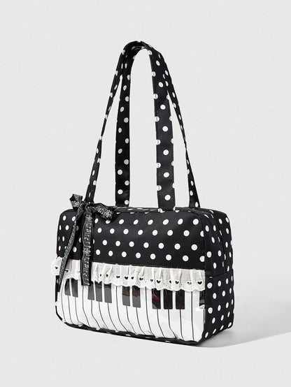 ROMWE Anime 1Pc Kawaii Sweet And Cute Bow Love Lace Edge Splicing Classic Polka Dot Women Tote Bag, Two-Dimensional Transparent Layer Badge Doll Display Bag