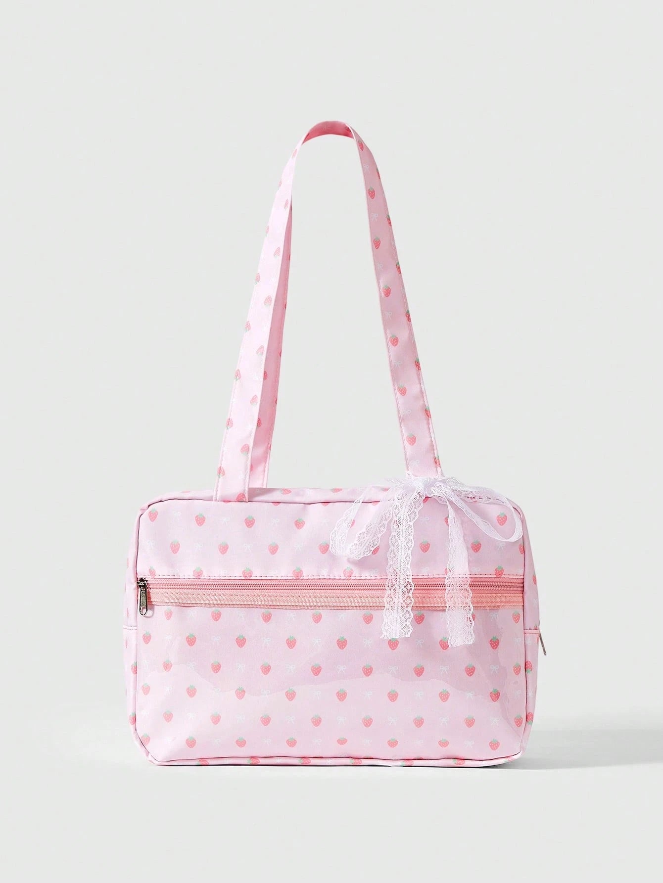 ROMWE Anime 1Pc Kawaii Sweet And Cute Bow Love Lace Edge Splicing Classic Polka Dot Women Tote Bag, Two-Dimensional Transparent Layer Badge Doll Display Bag
