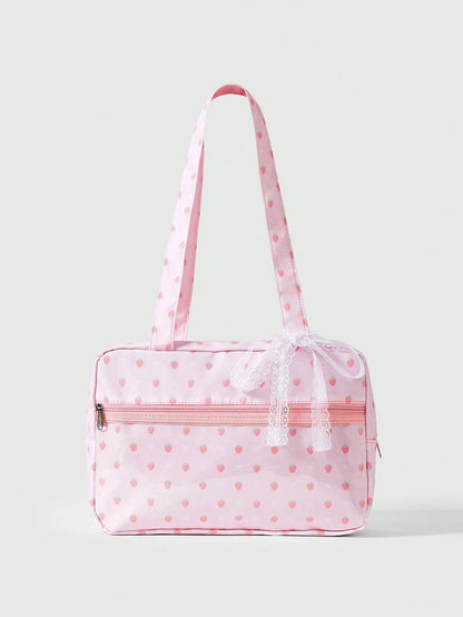 ROMWE Anime 1Pc Kawaii Sweet And Cute Bow Love Lace Edge Splicing Classic Polka Dot Women Tote Bag, Two-Dimensional Transparent Layer Badge Doll Display Bag