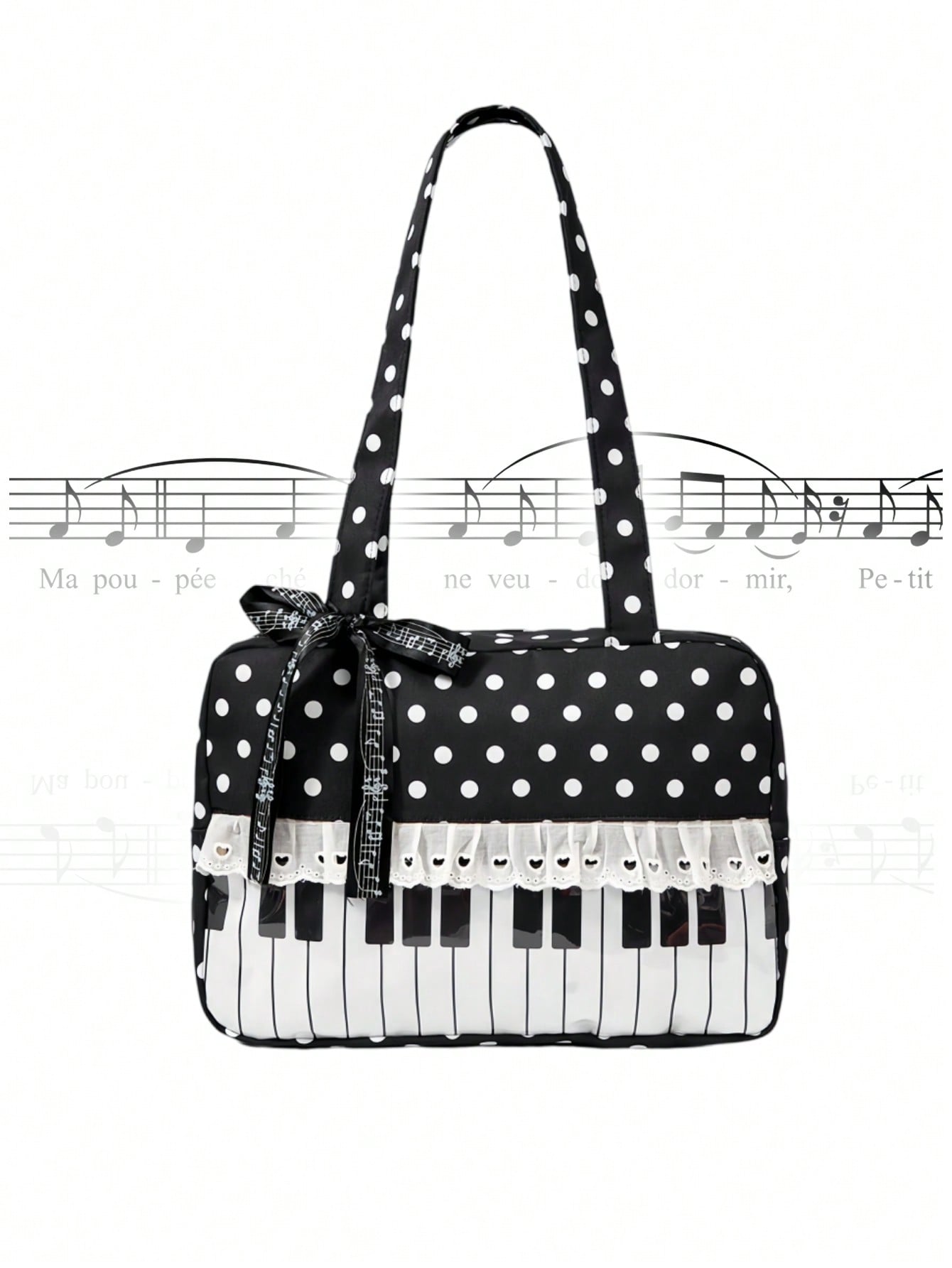 ROMWE Anime 1Pc Kawaii Sweet And Cute Bow Love Lace Edge Splicing Classic Polka Dot Women Tote Bag, Two-Dimensional Transparent Layer Badge Doll Display Bag