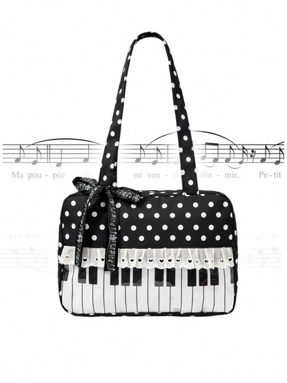 ROMWE Anime 1Pc Kawaii Sweet And Cute Bow Love Lace Edge Splicing Classic Polka Dot Women Tote Bag, Two-Dimensional Transparent Layer Badge Doll Display Bag