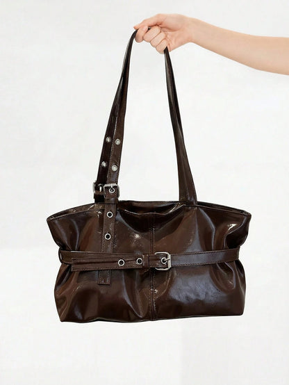 ROMWE Grunge Punk 1pc Vintage Large Capacity Tote Bag, Commuter Oversized Underarm Bag, Fashionable Motorcycle Handbag For Women, PU Solid Color Oiled Wax Leather, Strap Decor, Zipper Closure, Ladies