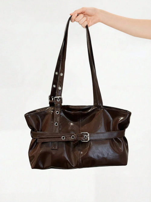 ROMWE Grunge Punk 1pc Vintage Large Capacity Tote Bag, Commuter Oversized Underarm Bag, Fashionable Motorcycle Handbag For Women, PU Solid Color Oiled Wax Leather, Strap Decor, Zipper Closure, Ladies