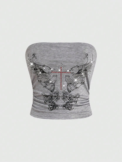 ROMWE Grunge Punk Kpop Studded Star-Printed Tube Top For Women