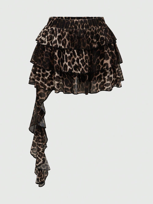 ROMWE Grunge Punk Spring/Summer Carnival Party Casual Leopard Y2K Harajuku Leopard Print Layered Asymmetrical Hem Women's Skirt