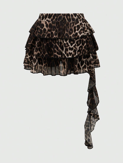 ROMWE Grunge Punk Spring/Summer Carnival Party Casual Leopard Y2K Harajuku Leopard Print Layered Asymmetrical Hem Women's Skirt