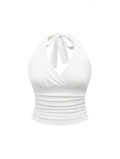 ROMWE Grunge Punk Spring/Summer Carnival Party Casual White Plus Size Leopard Print Ruched Waist Halter Neck Tank Top
