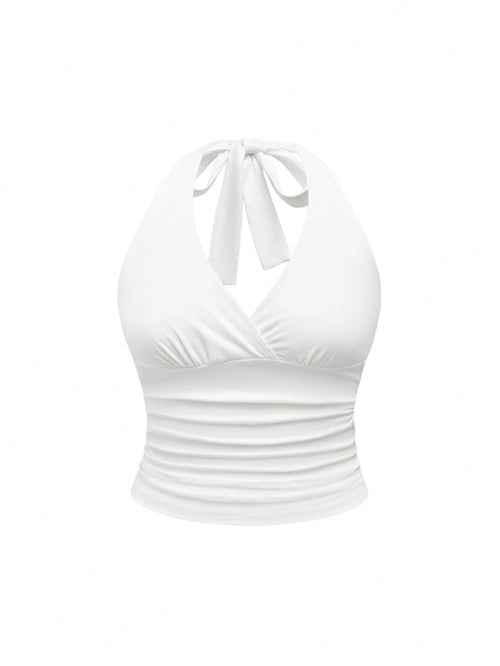 ROMWE Grunge Punk Spring/Summer Carnival Party Casual White Plus Size Leopard Print Ruched Waist Halter Neck Tank Top