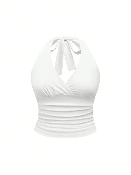 ROMWE Grunge Punk Spring/Summer Carnival Party Casual White Plus Size Leopard Print Ruched Waist Halter Neck Tank Top