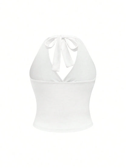 ROMWE Grunge Punk Spring/Summer Carnival Party Casual White Plus Size Leopard Print Ruched Waist Halter Neck Tank Top