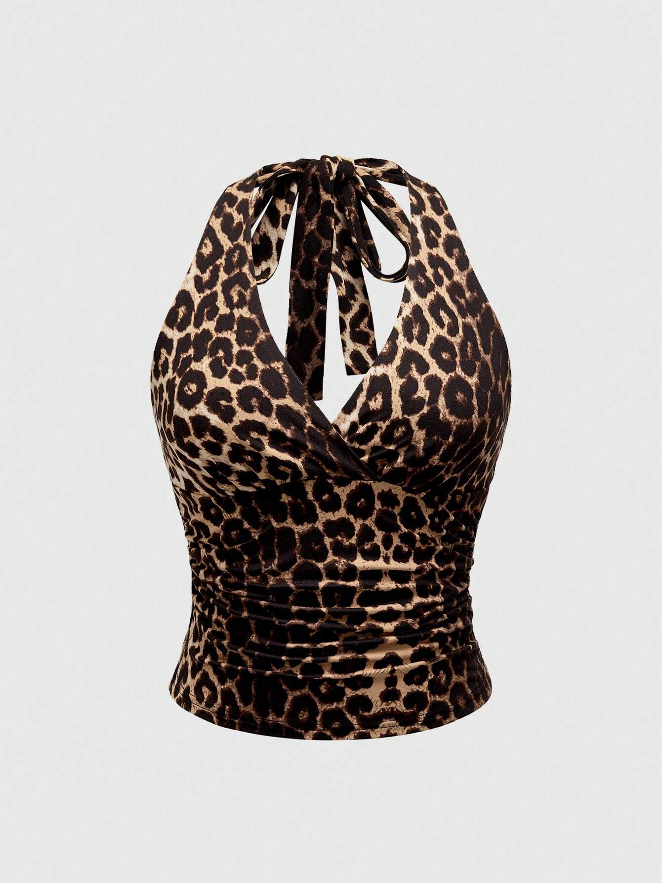 ROMWE Grunge Punk Spring/Summer Carnival Party Casual White Plus Size Leopard Print Ruched Waist Halter Neck Tank Top