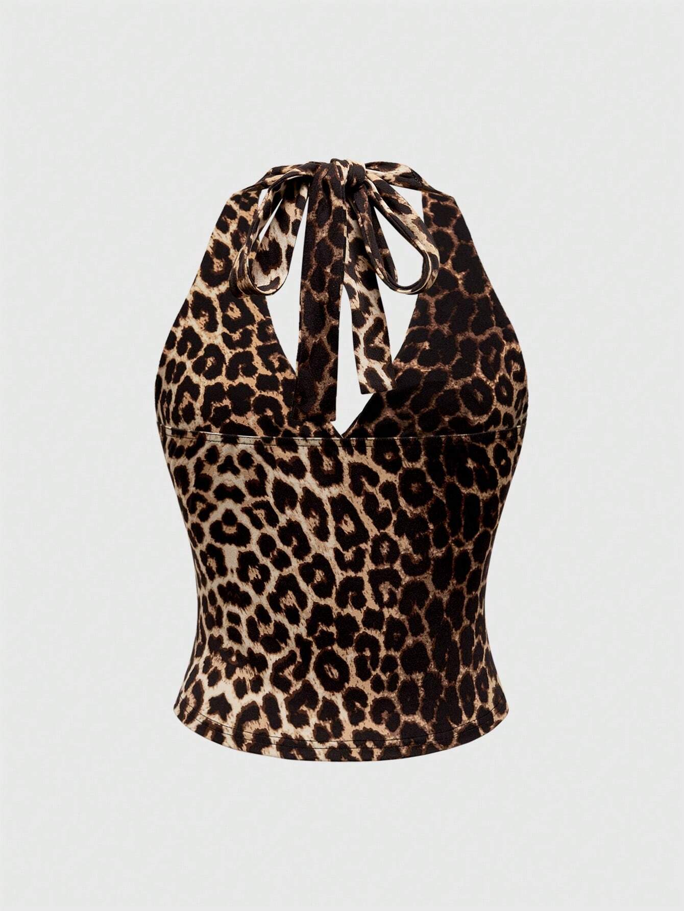 ROMWE Grunge Punk Spring/Summer Carnival Party Casual White Plus Size Leopard Print Ruched Waist Halter Neck Tank Top