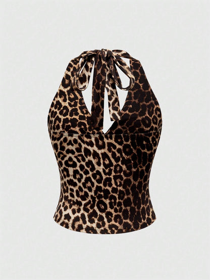 ROMWE Grunge Punk Spring/Summer Carnival Party Casual White Plus Size Leopard Print Ruched Waist Halter Neck Tank Top