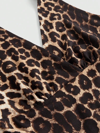 ROMWE Grunge Punk Spring/Summer Carnival Party Casual White Plus Size Leopard Print Ruched Waist Halter Neck Tank Top