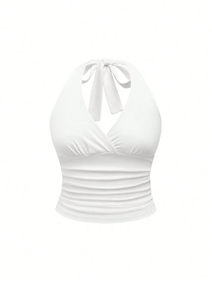 ROMWE Grunge Punk Spring/Summer Carnival Party Casual White Plus Size Leopard Print Ruched Waist Halter Neck Tank Top