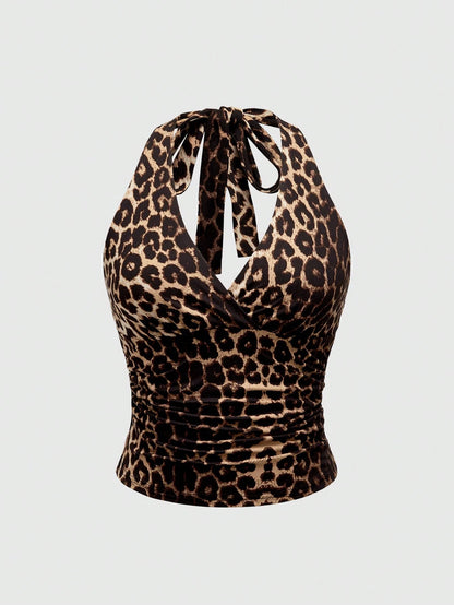 ROMWE Grunge Punk Y2K Leopard Print Halter Neck Tank Top For Women