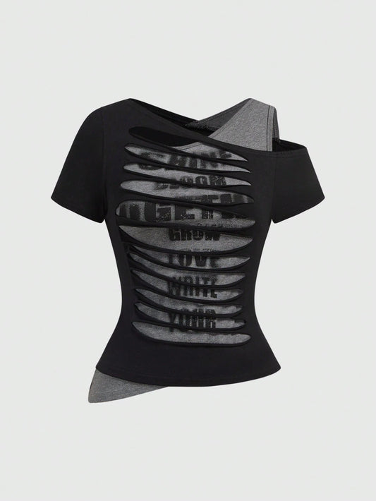 ROMWE Grunge Punk Y2K Sexy Babe Asymmetric Hem Letter Print Distressed Design Asymmetrical Shoulder Fitted Women T-Shirt
