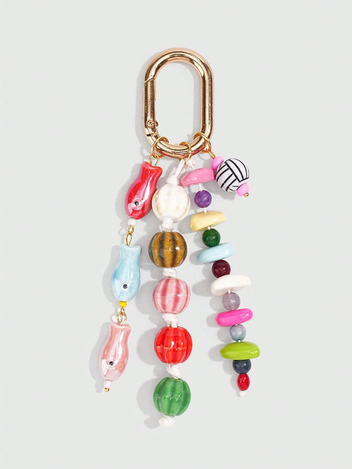 ROMWE Kawaii 1 Piece Spring Summer Dopamine Style Colorful Beaded Bag Keychain Pendant, Woven Rope Bag Charm, DIY Hanging Ornament