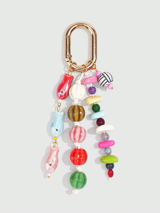 ROMWE Kawaii 1 Piece Spring Summer Dopamine Style Colorful Beaded Bag Keychain Pendant, Woven Rope Bag Charm, DIY Hanging Ornament