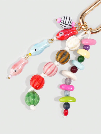ROMWE Kawaii 1 Piece Spring Summer Dopamine Style Colorful Beaded Bag Keychain Pendant, Woven Rope Bag Charm, DIY Hanging Ornament