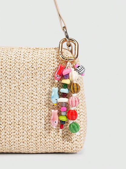 ROMWE Kawaii 1 Piece Spring Summer Dopamine Style Colorful Beaded Bag Keychain Pendant, Woven Rope Bag Charm, DIY Hanging Ornament