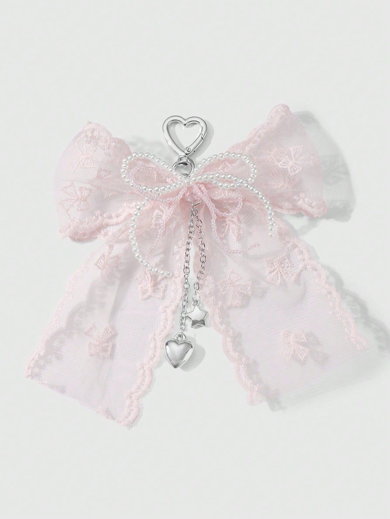 ROMWE Kawaii 1pc Korean Style Sweet & Delicate Versatile Simple High-Quality Handmade Beaded White Faux Pearl Crystal Net Yarn Embroidery Ribbon Bow Chain CCB Star Heart Pendant Keychain Bag Charm, Su