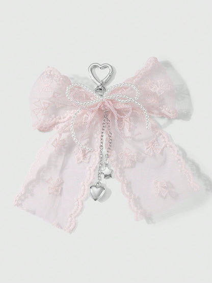 ROMWE Kawaii 1pc Korean Style Sweet & Delicate Versatile Simple High-Quality Handmade Beaded White Faux Pearl Crystal Net Yarn Embroidery Ribbon Bow Chain CCB Star Heart Pendant Keychain Bag Charm, Su