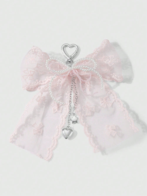 ROMWE Kawaii 1pc Korean Style Sweet & Delicate Versatile Simple High-Quality Handmade Beaded White Faux Pearl Crystal Net Yarn Embroidery Ribbon Bow Chain CCB Star Heart Pendant Keychain Bag Charm, Su