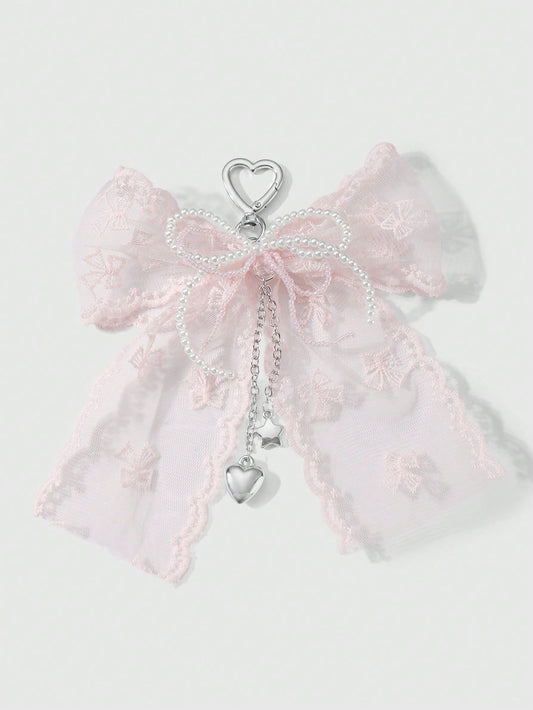 ROMWE Kawaii 1pc Korean Style Sweet & Delicate Versatile Simple High-Quality Handmade Beaded White Faux Pearl Crystal Net Yarn Embroidery Ribbon Bow Chain CCB Star Heart Pendant Keychain Bag Charm, Su