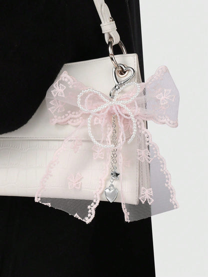 ROMWE Kawaii 1pc Korean Style Sweet & Delicate Versatile Simple High-Quality Handmade Beaded White Faux Pearl Crystal Net Yarn Embroidery Ribbon Bow Chain CCB Star Heart Pendant Keychain Bag Charm, Su