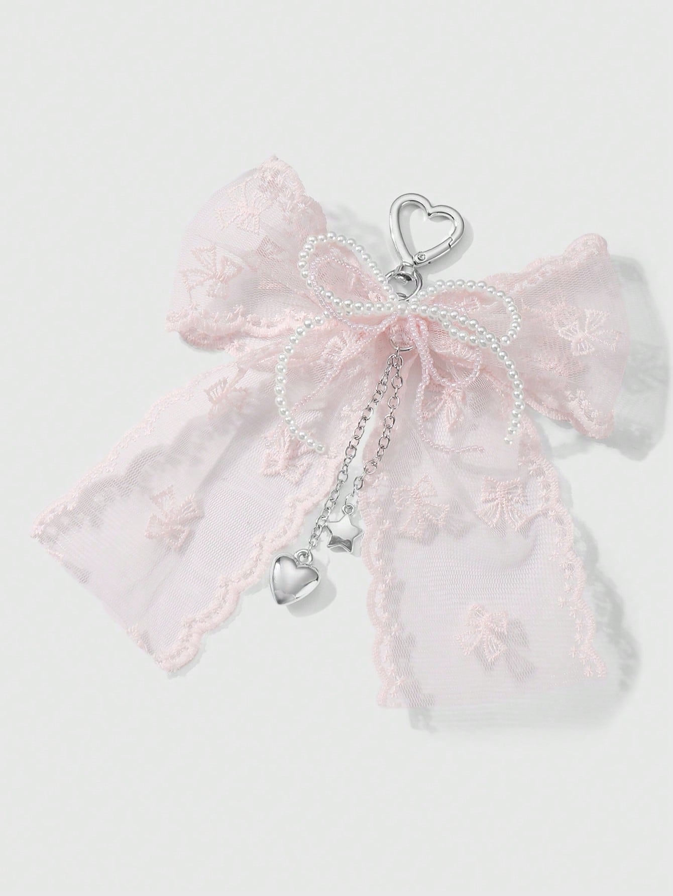 ROMWE Kawaii 1pc Korean Style Sweet & Delicate Versatile Simple High-Quality Handmade Beaded White Faux Pearl Crystal Net Yarn Embroidery Ribbon Bow Chain CCB Star Heart Pendant Keychain Bag Charm, Su