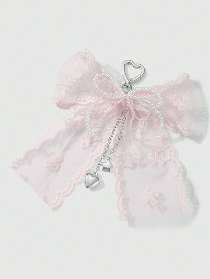 ROMWE Kawaii 1pc Korean Style Sweet & Delicate Versatile Simple High-Quality Handmade Beaded White Faux Pearl Crystal Net Yarn Embroidery Ribbon Bow Chain CCB Star Heart Pendant Keychain Bag Charm, Su
