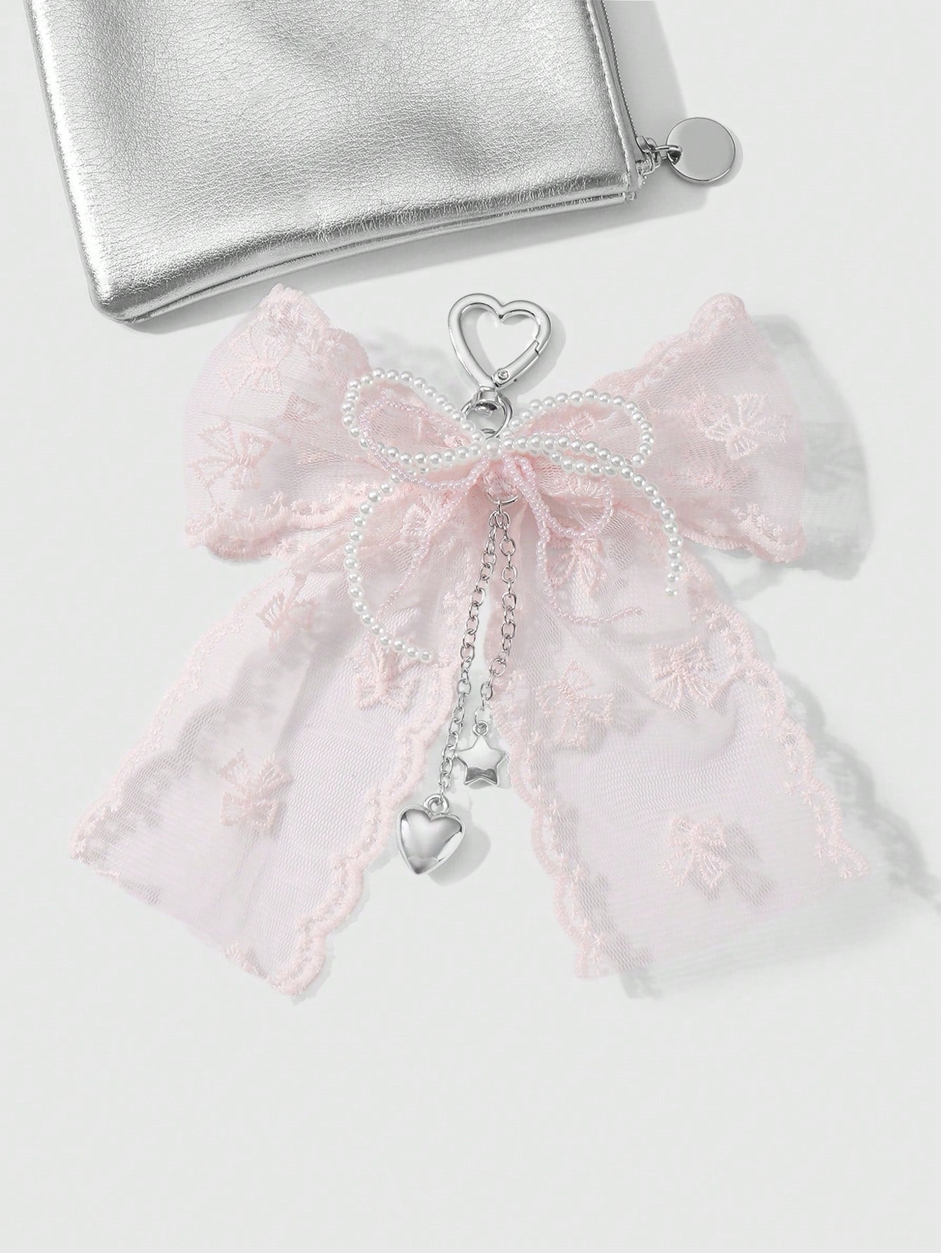 ROMWE Kawaii 1pc Korean Style Sweet & Delicate Versatile Simple High-Quality Handmade Beaded White Faux Pearl Crystal Net Yarn Embroidery Ribbon Bow Chain CCB Star Heart Pendant Keychain Bag Charm, Su