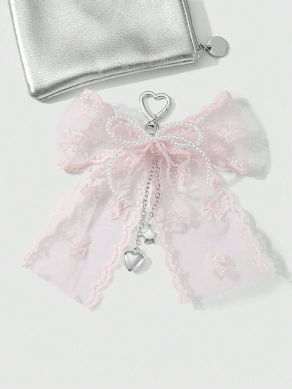 ROMWE Kawaii 1pc Korean Style Sweet & Delicate Versatile Simple High-Quality Handmade Beaded White Faux Pearl Crystal Net Yarn Embroidery Ribbon Bow Chain CCB Star Heart Pendant Keychain Bag Charm, Su